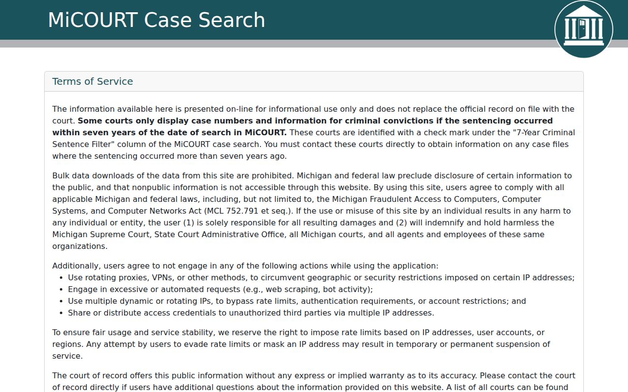 Blank MiCOURT public case search screen for an Eaton County warrant records check