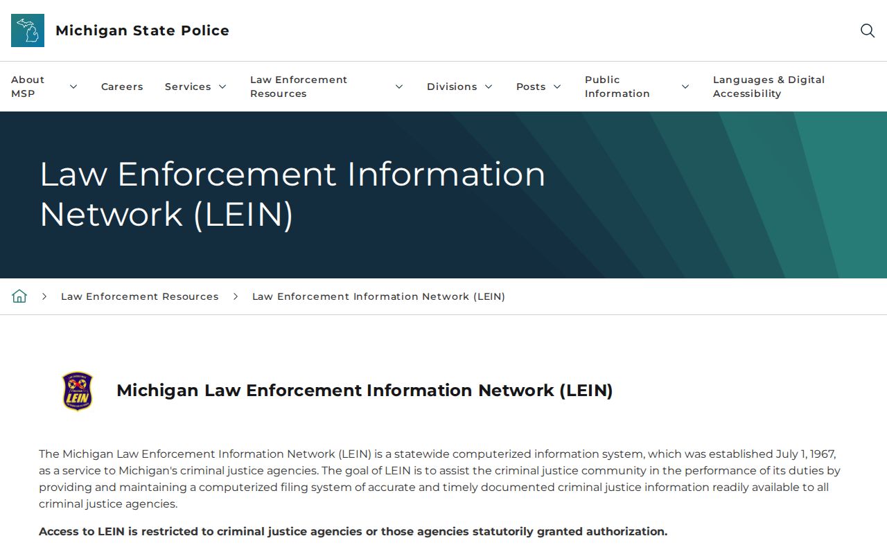 Michigan LEIN access boundary page for Eaton County active warrant searches