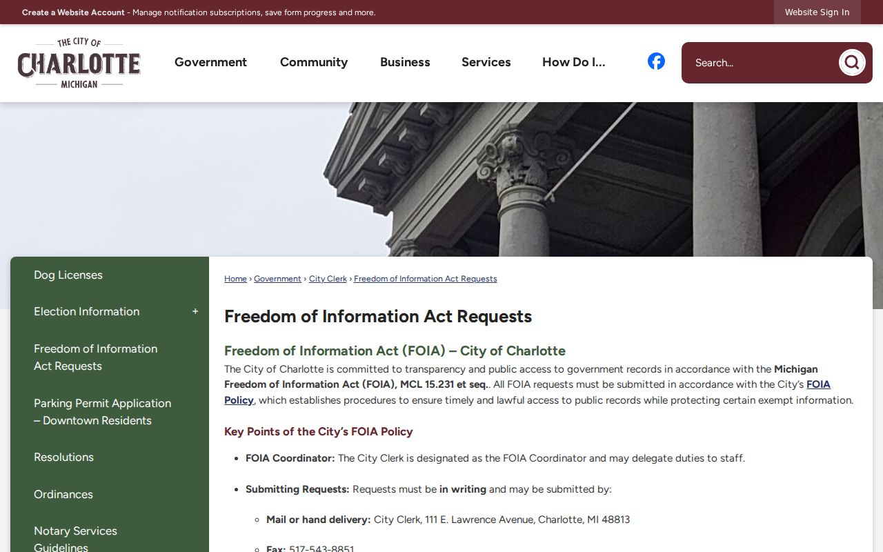 Charlotte city FOIA request page for municipal warrant record requests