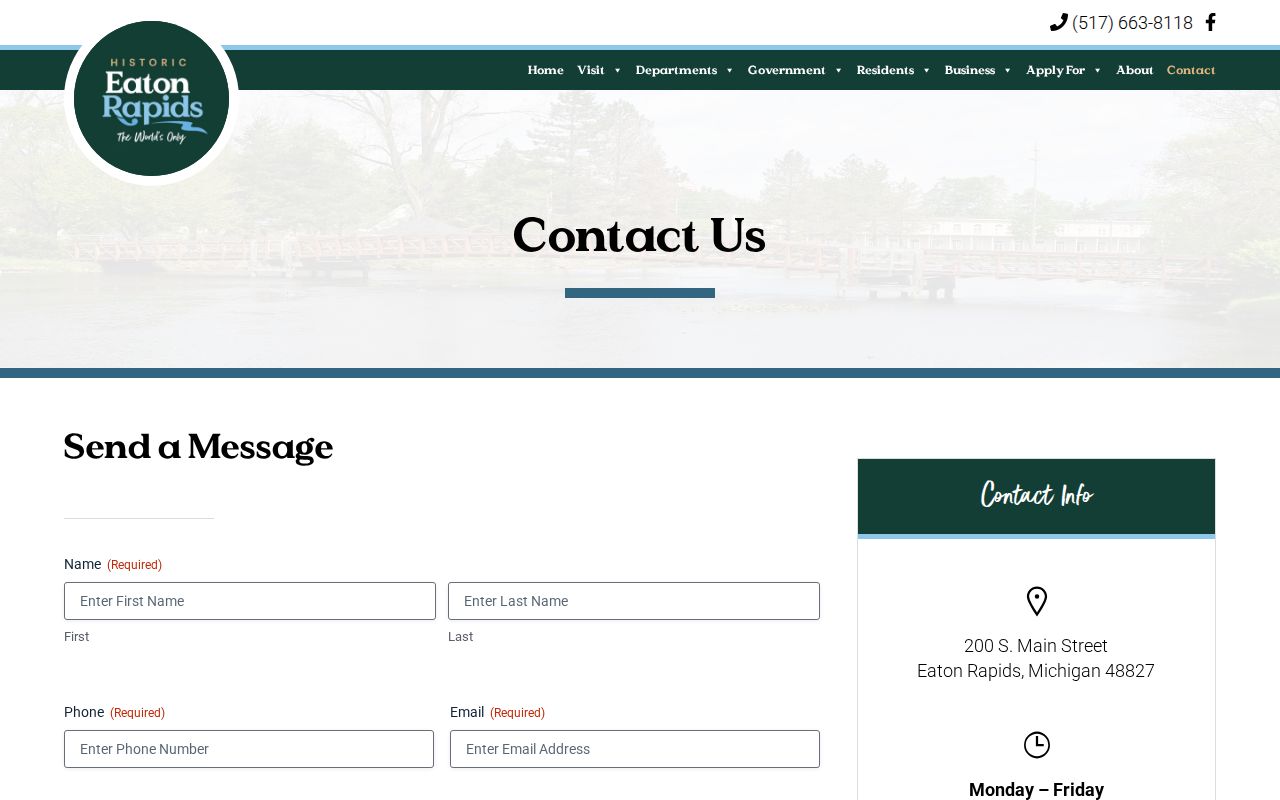 Eaton Rapids City Hall contact page for city warrant record routing