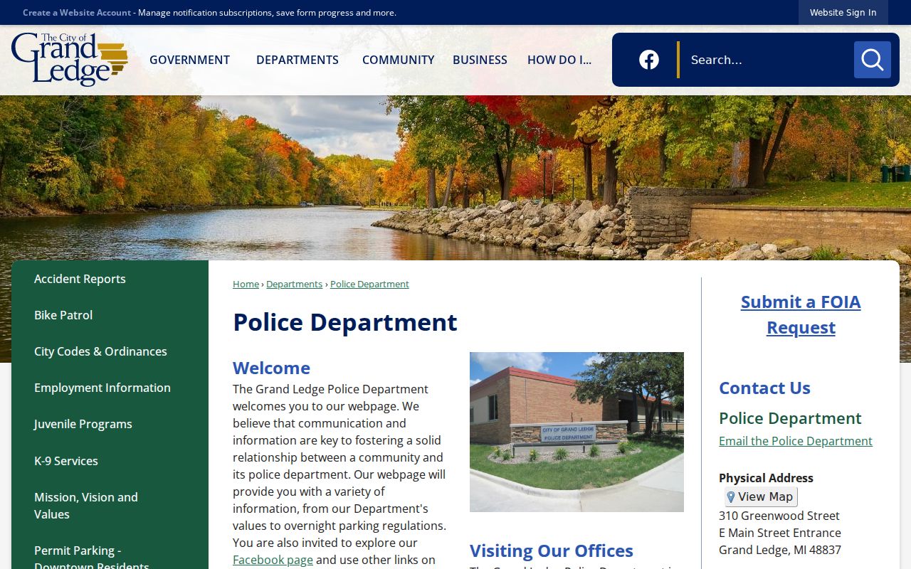 Grand Ledge Police Department page for Eaton County city warrant record questions